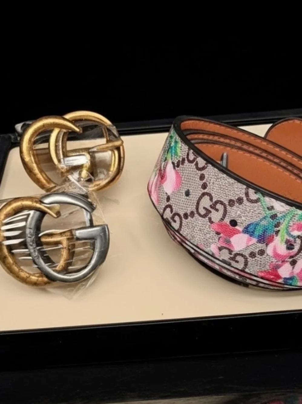 Gucci GG Canvas Belt with Pink Floral Print and Dual-Tone GG Buckles 29